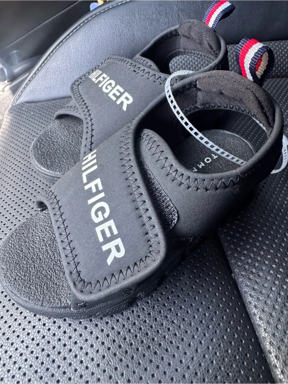 Tommy Hilfiger Black Sandals with White Logo and Red-White-Blue Heel Tab